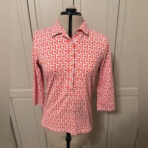 J. McLaughlin Coral & White Geometric Button-Front Top